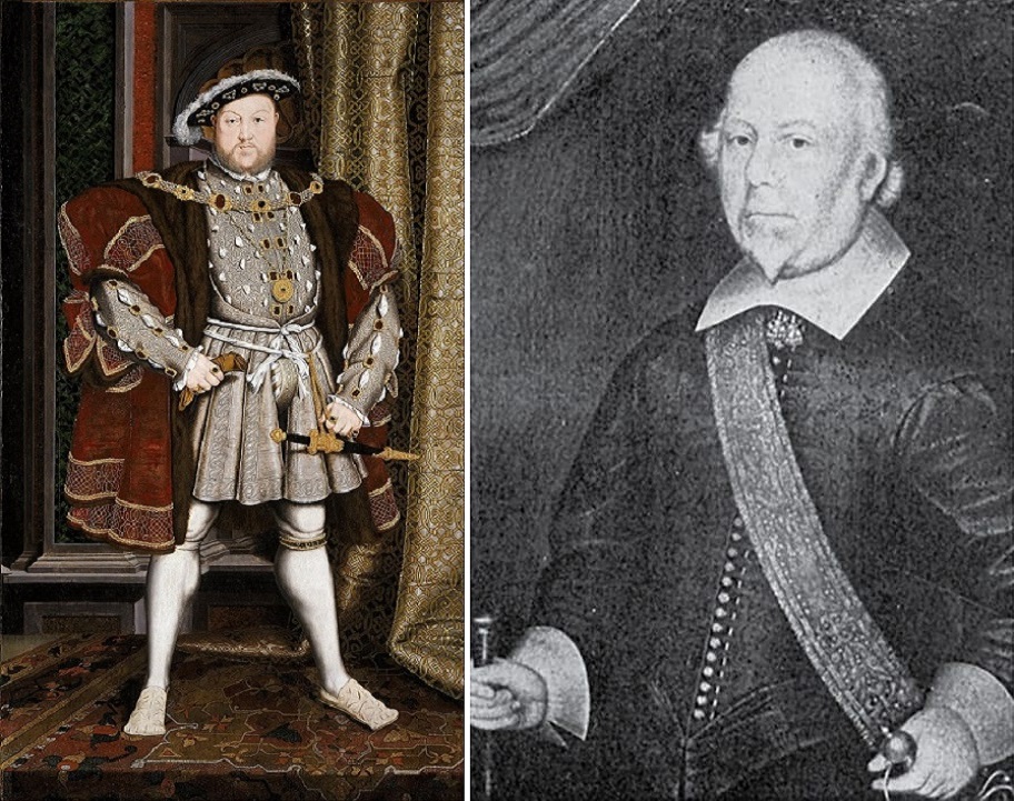 الجد الذبيح جون هاسّي، والى اليسار الملك الآمر بقطع رأسه، هنري الثامن